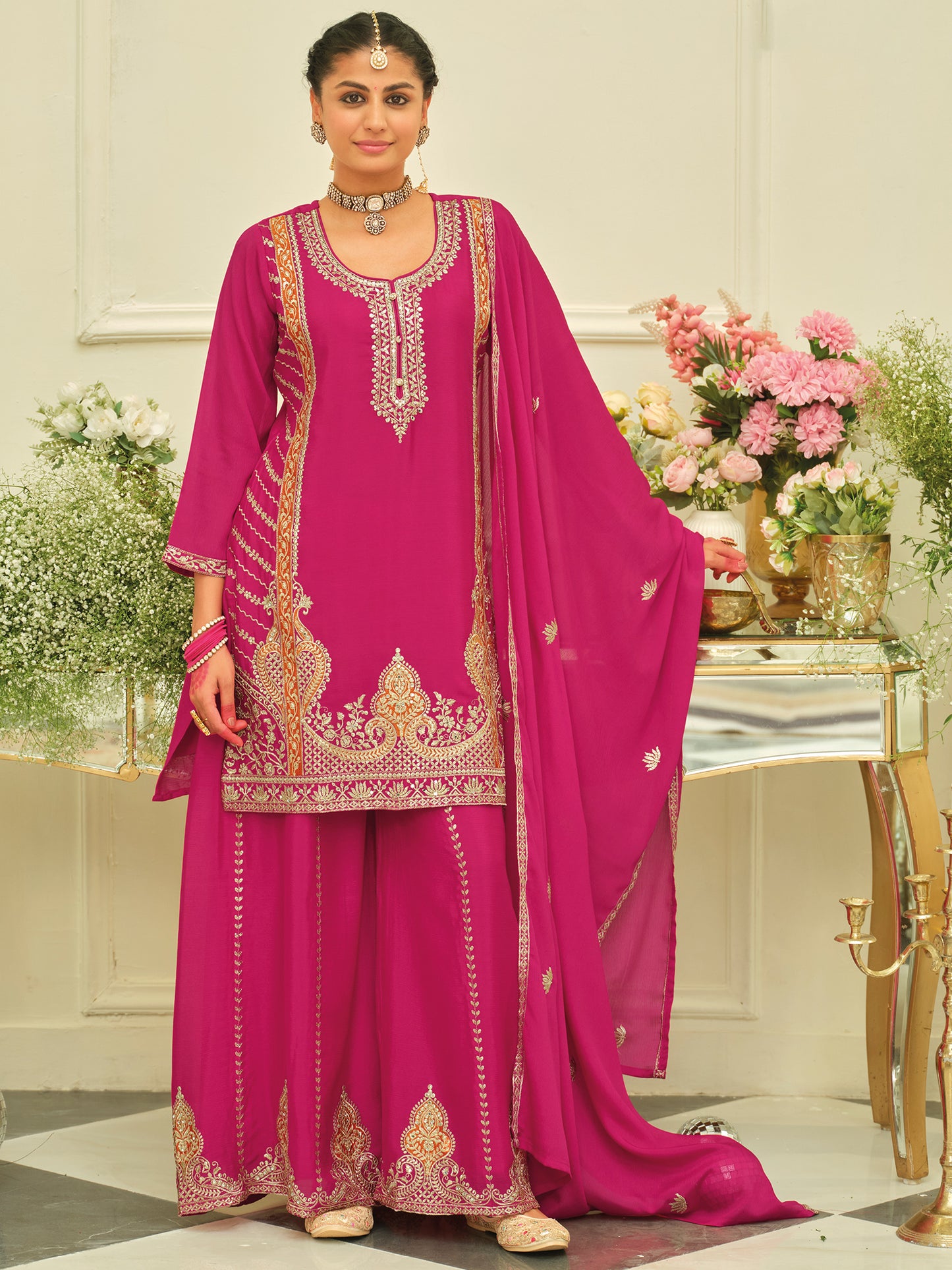 Pink Embroidered Straight Kurta Palazzos With Dupatta set