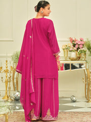 Pink Embroidered Straight Kurta Palazzos With Dupatta set
