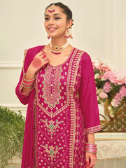 Pink Embroidered Straight Kurta Palazzos With Dupatta set