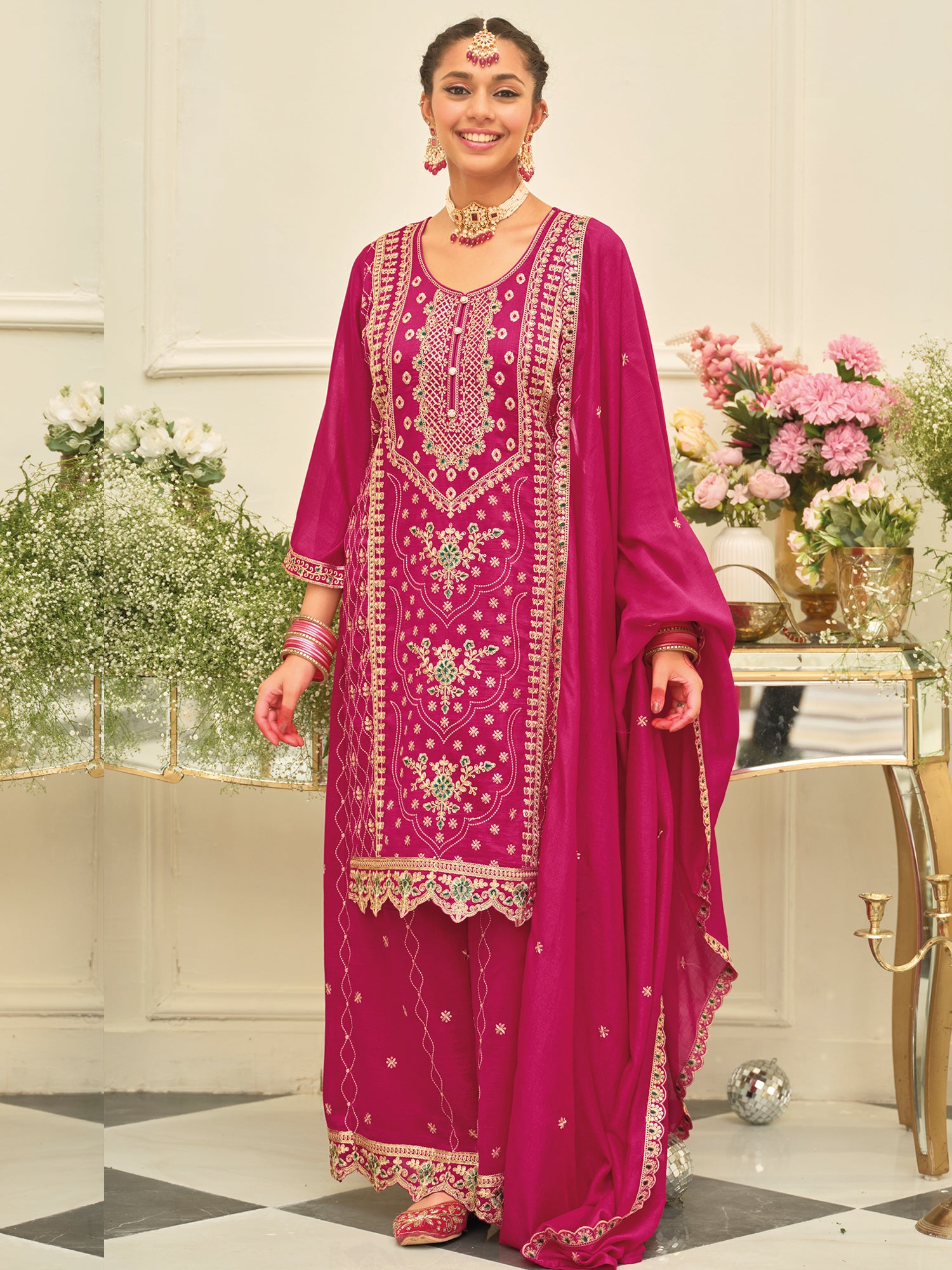 Pink Embroidered Straight Kurta Palazzos With Dupatta set