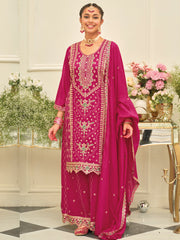 Pink Embroidered Straight Kurta Palazzos With Dupatta set