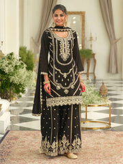 Black Embroidered Straight Kurta Palazzos With Dupatta set