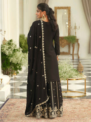 Black Embroidered Straight Kurta Palazzos With Dupatta set