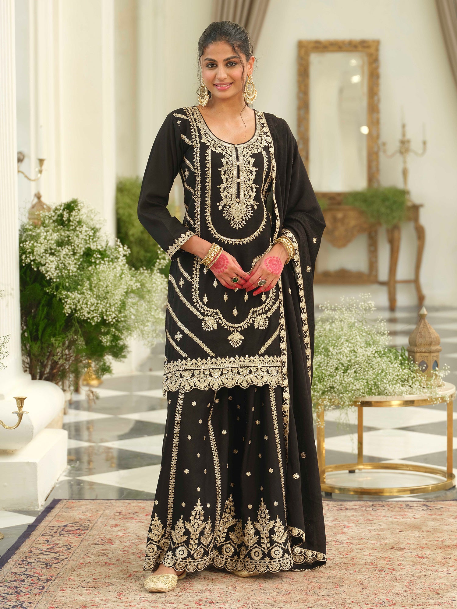 Black Embroidered Straight Kurta Palazzos With Dupatta set