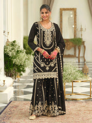 Black Embroidered Straight Kurta Palazzos With Dupatta set