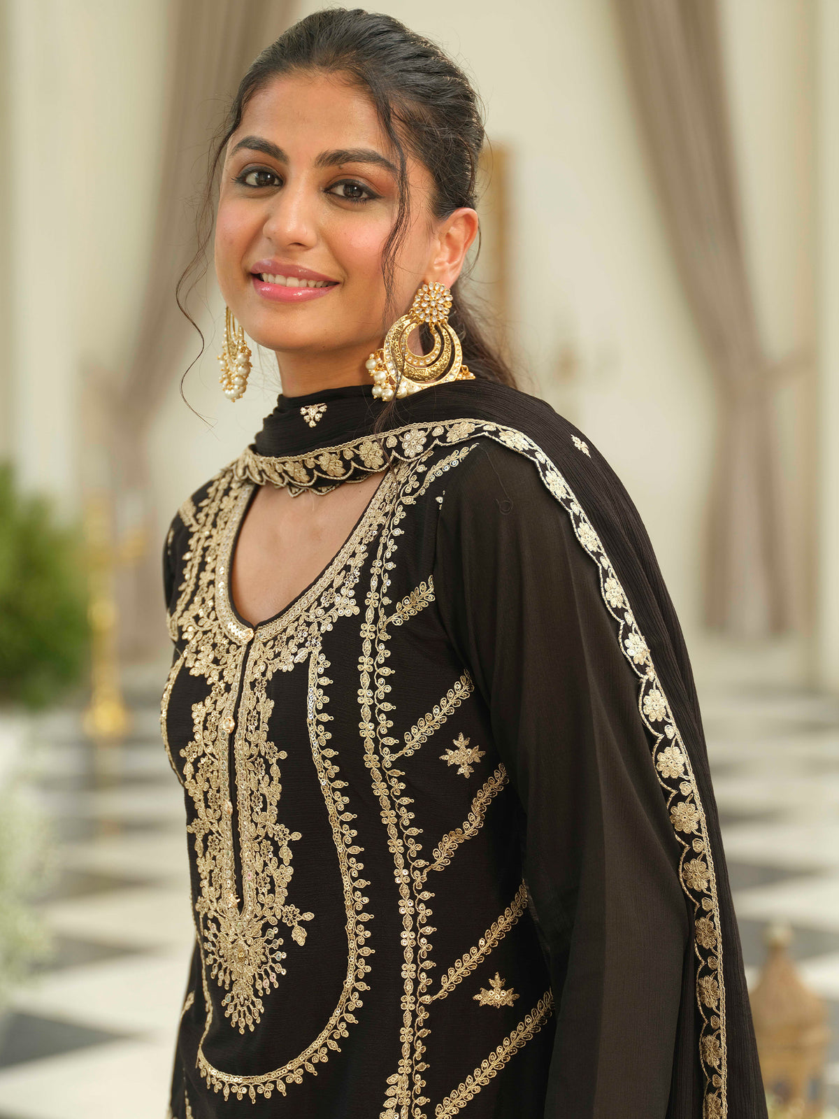 Black Embroidered Straight Kurta Palazzos With Dupatta set