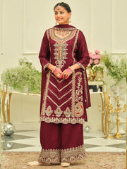 Maroon Embroidered Straight Kurta Palazzos With Dupatta set