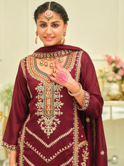 Maroon Embroidered Straight Kurta Palazzos With Dupatta set