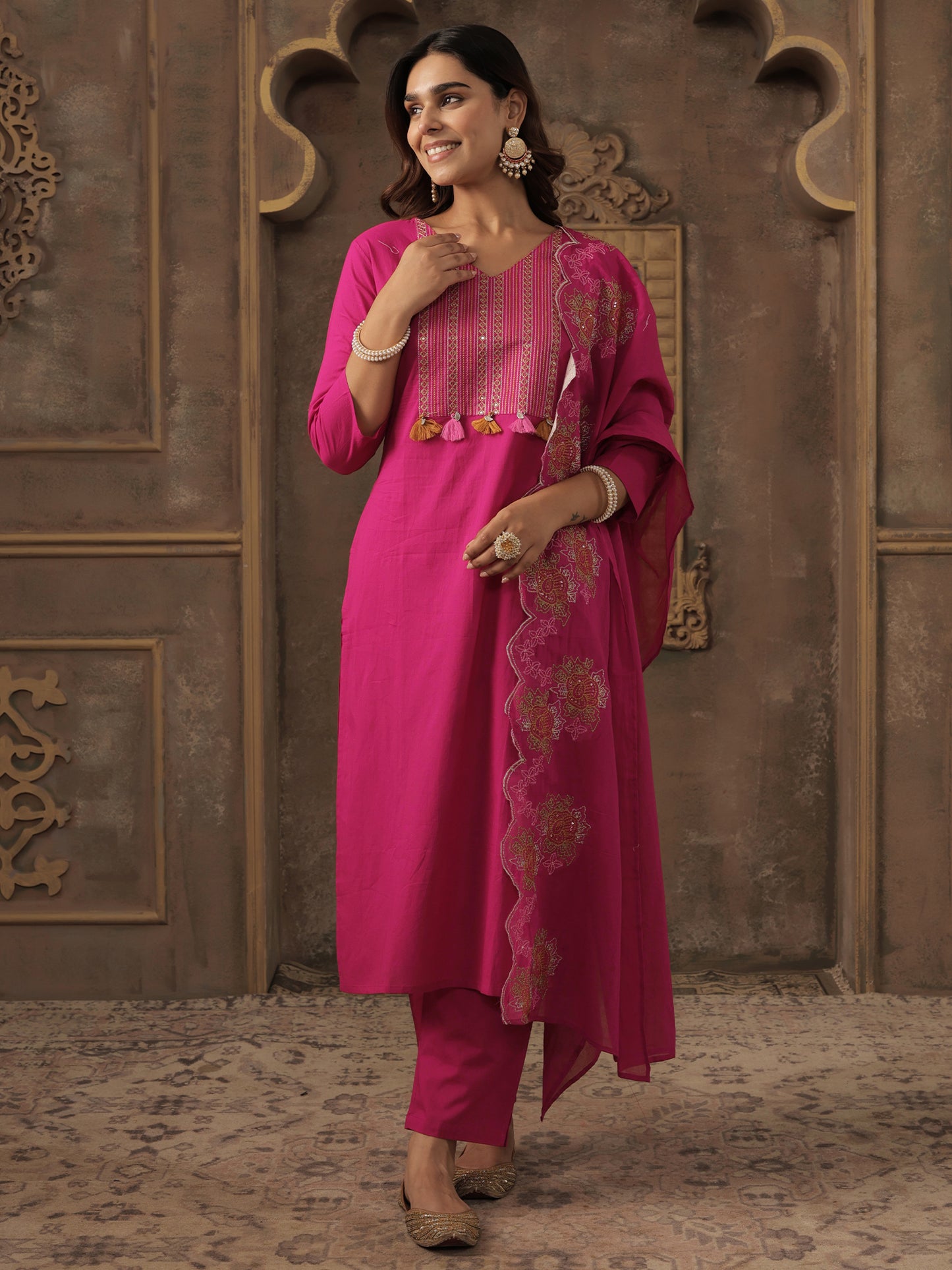 Pink Embroidered Straight Kurta Trousers With Dupatta set