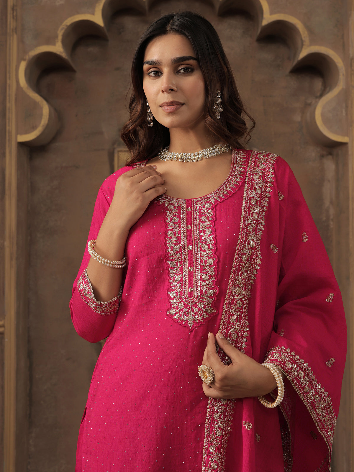 Pink Embroidered Straight Kurta Trousers With Dupatta set