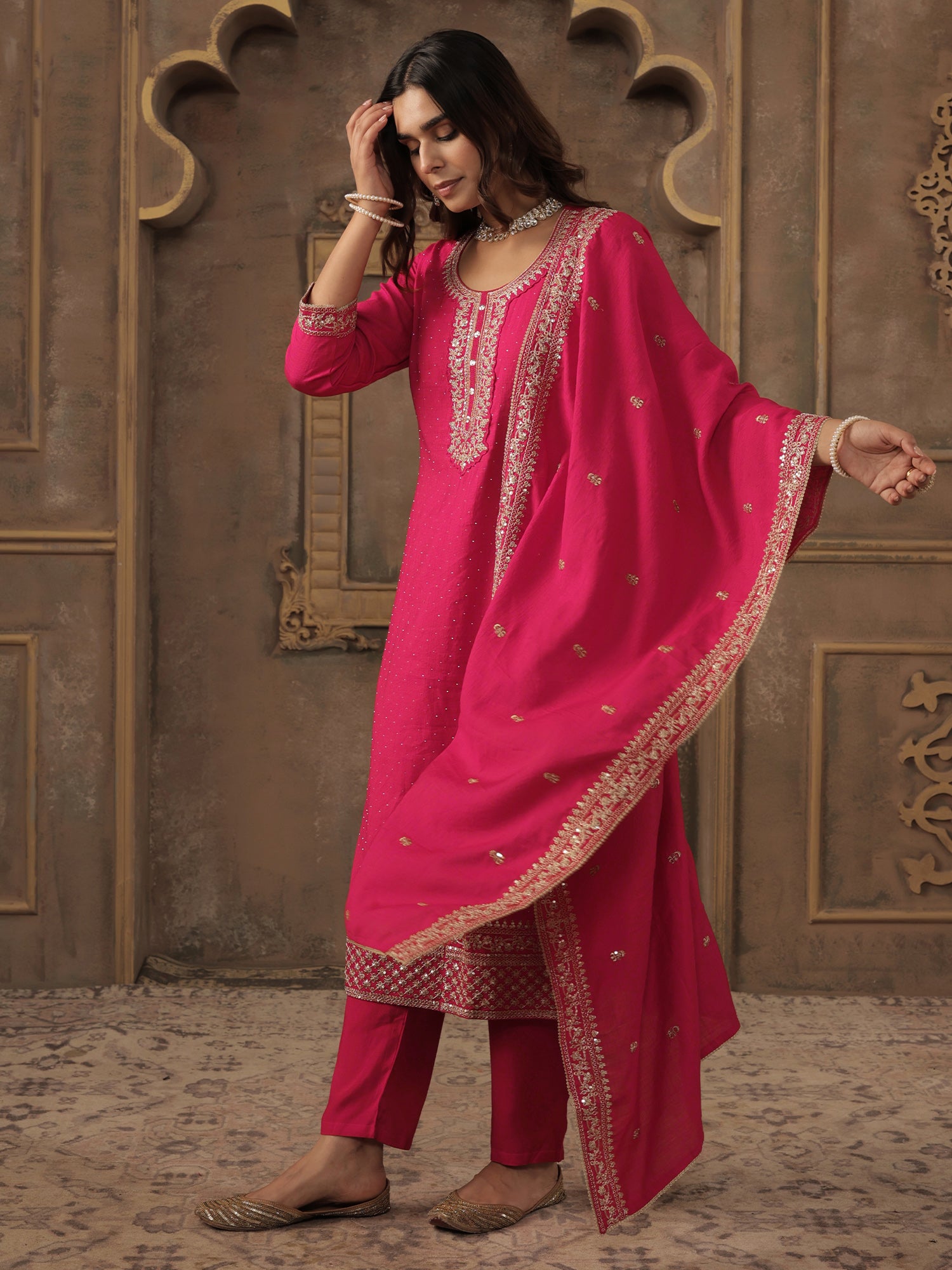 Pink Embroidered Straight Kurta Trousers With Dupatta set