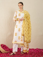 Off White Printed Straight Kurta Trousers With Dupatta Set