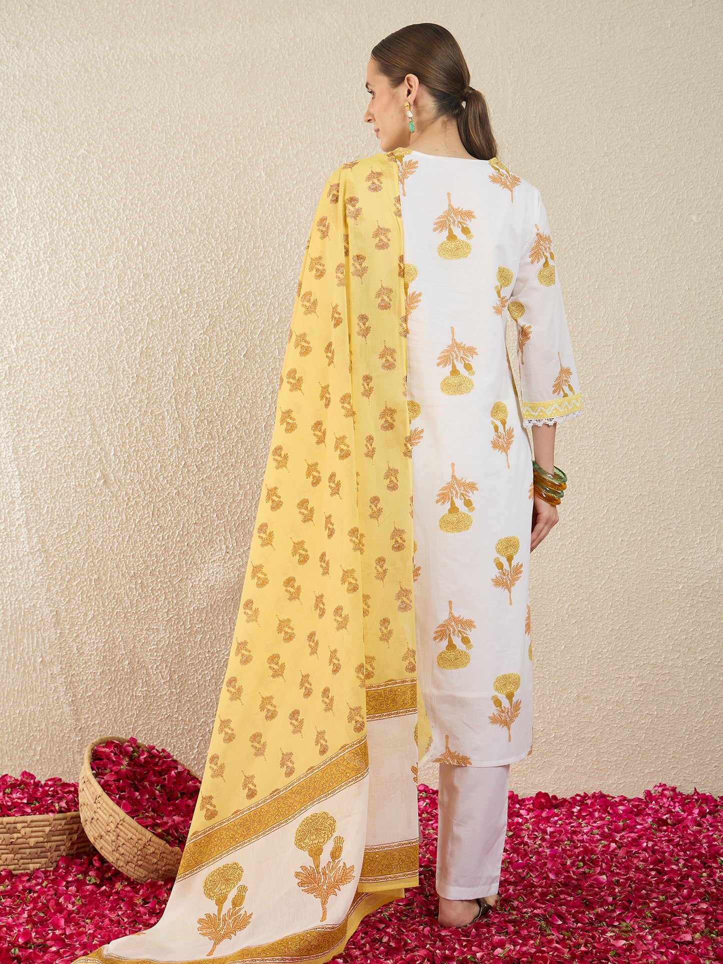 Off White Printed Straight Kurta Trousers With Dupatta Set