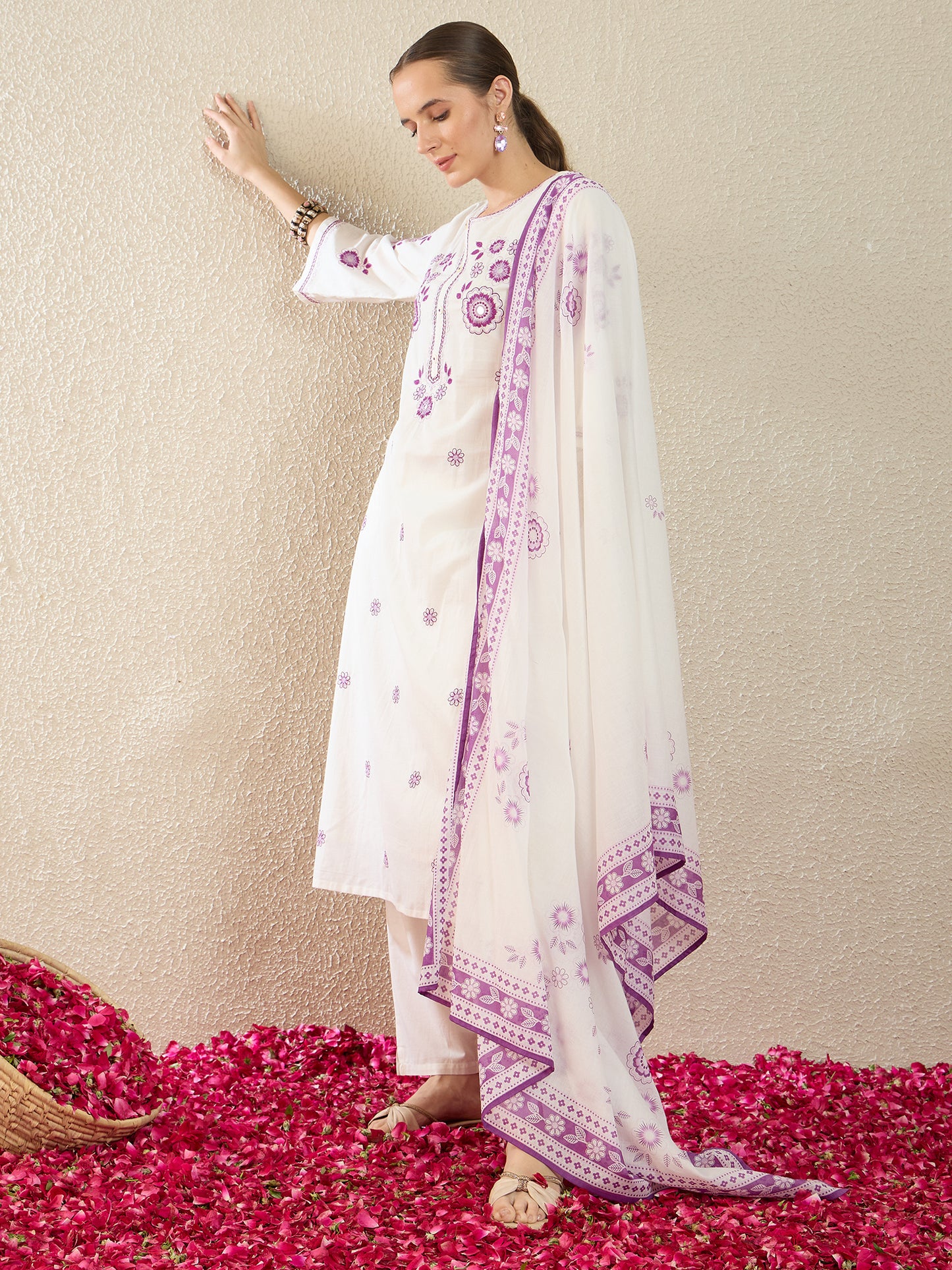 White Embroidered Straight Kurta Trousers With Dupatta Set
