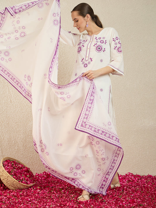 White Embroidered Straight Kurta Trousers With Dupatta Set