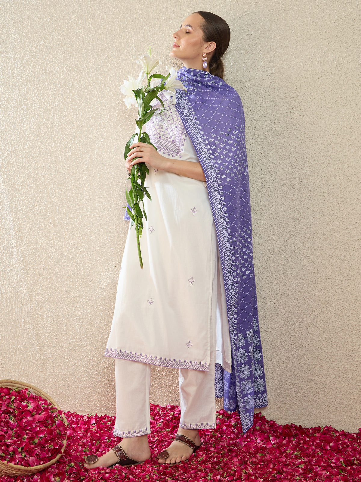 White Embroidered Straight Kurta Trousers Set-KH0WH11797