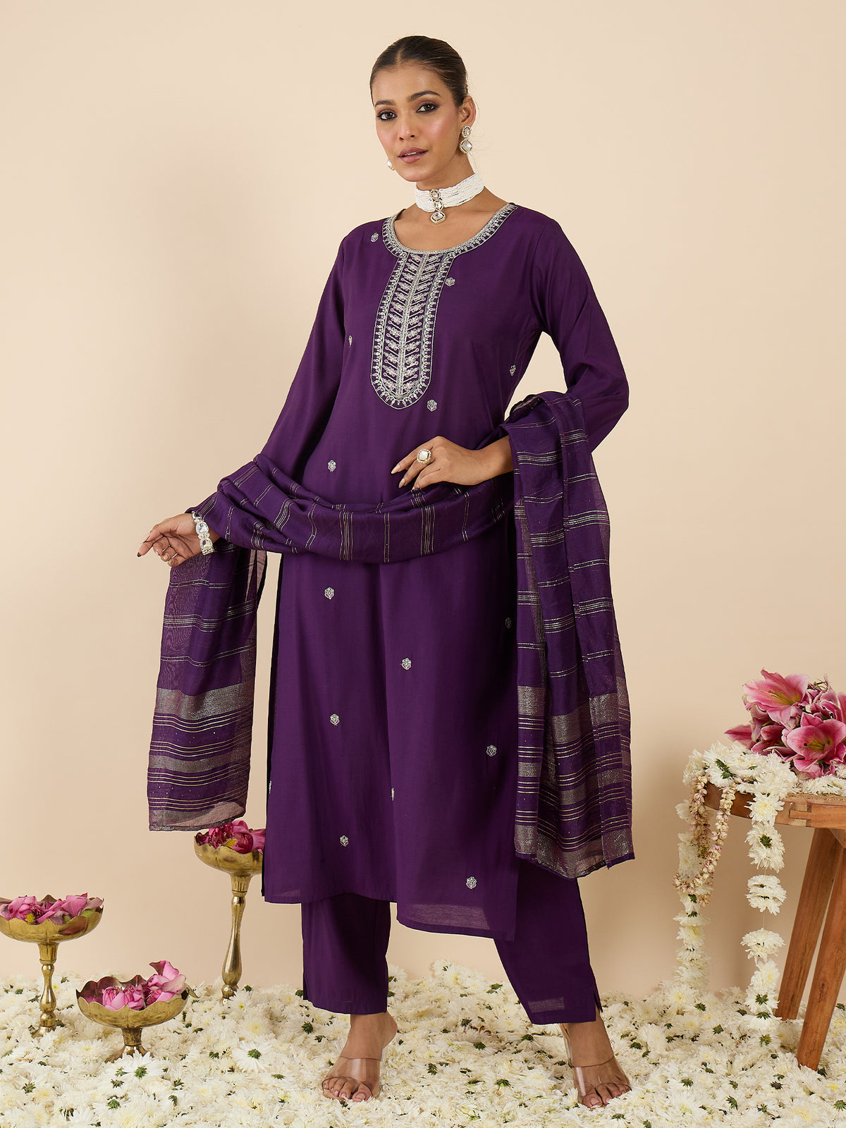 Purple Embroidered Straight Kurta Trousers With Dupatta set-KH9PR12340