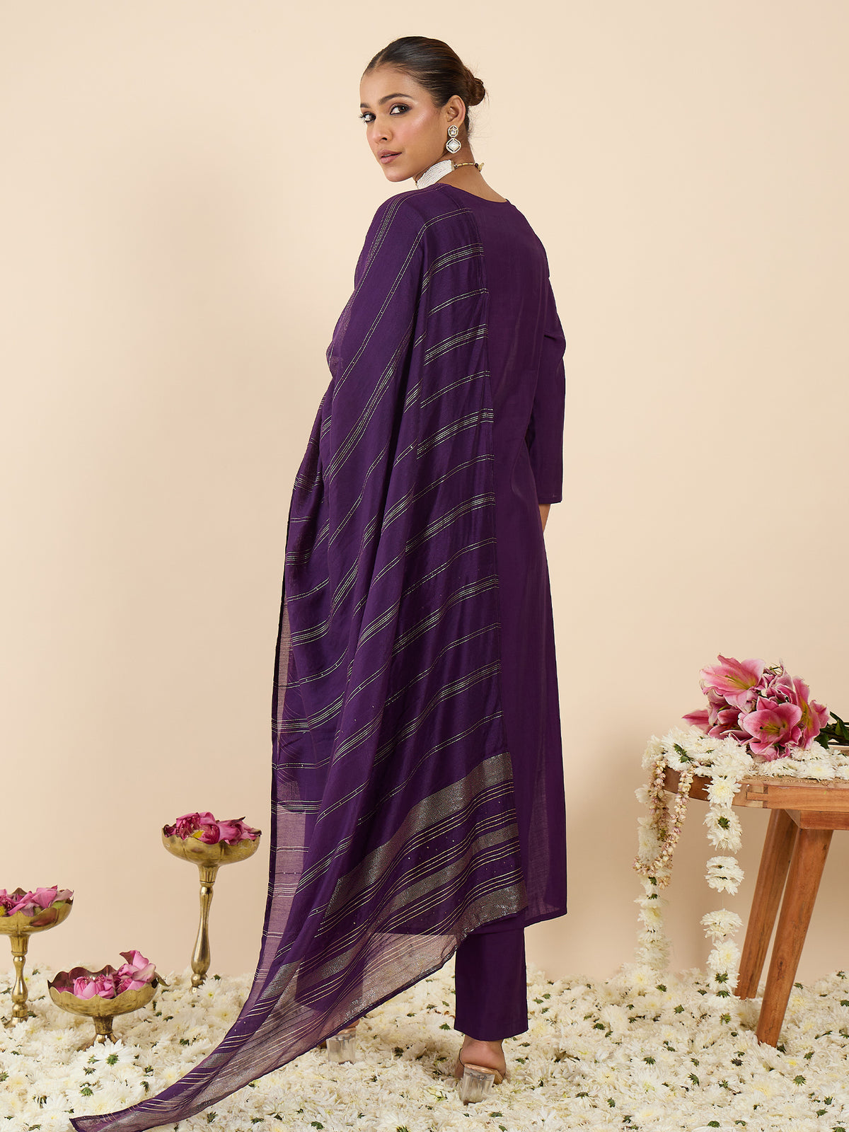 Purple Embroidered Straight Kurta Trousers With Dupatta set-KH9PR12340