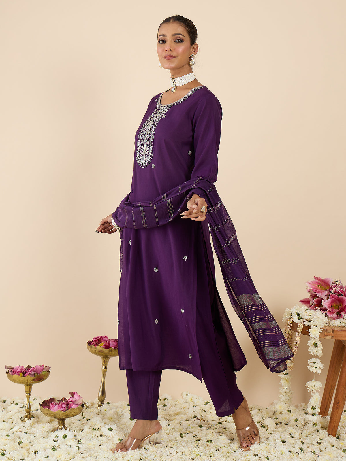 Purple Embroidered Straight Kurta Trousers With Dupatta set-KH9PR12340
