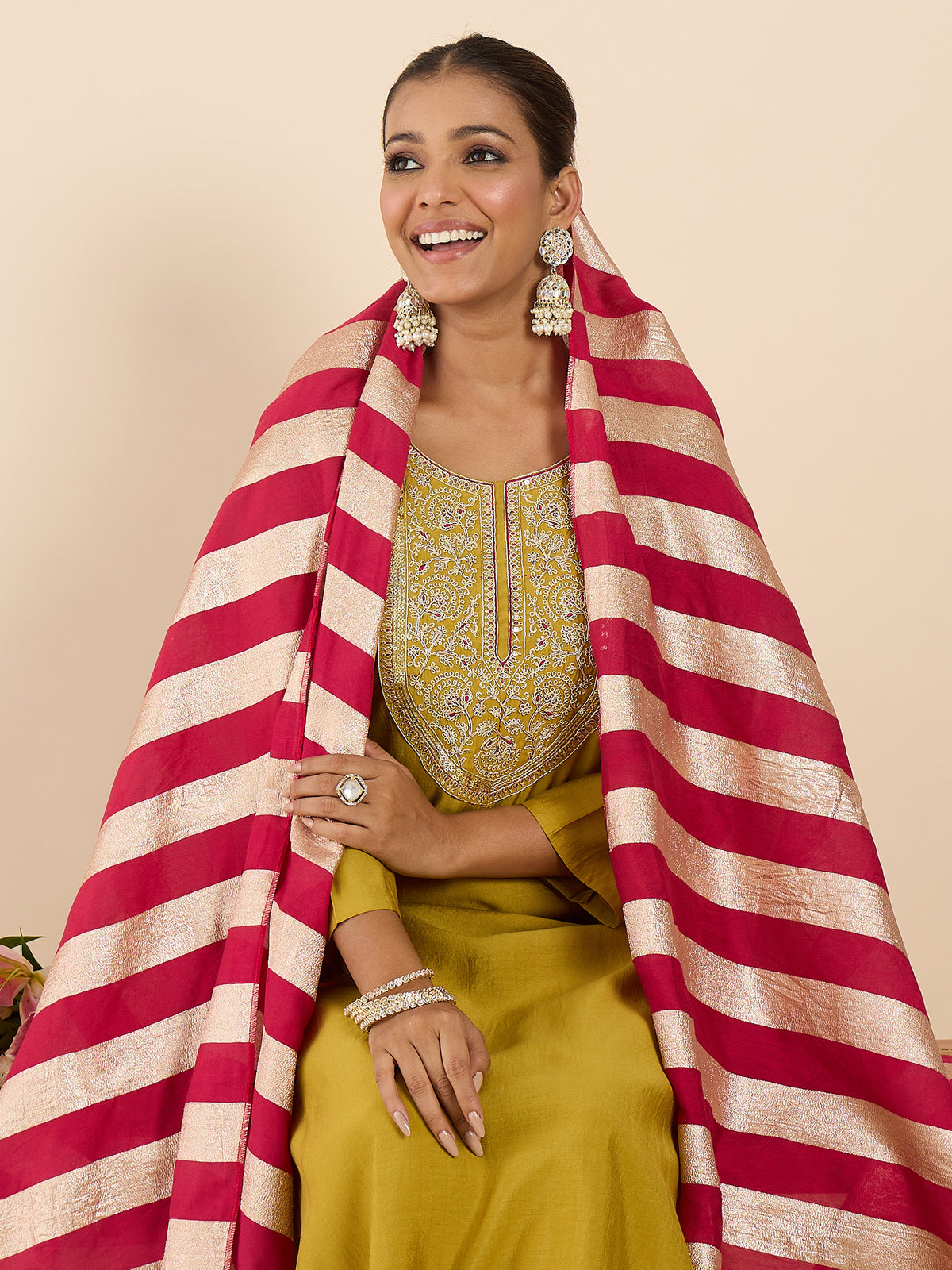 Yellow Embroidered Straight Kurta Trousers With Dupatta set-KH9YL12336