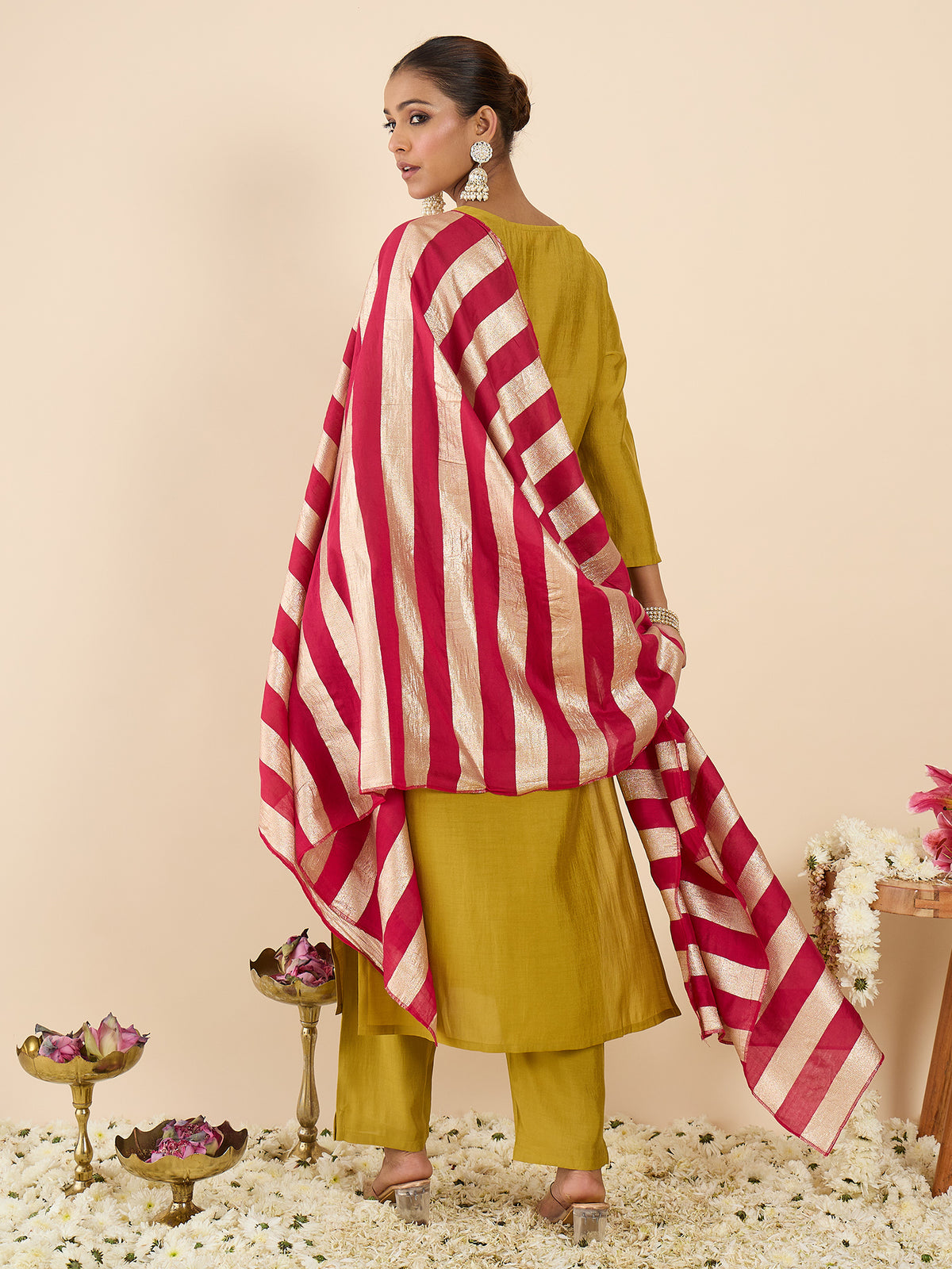 Yellow Embroidered Straight Kurta Trousers With Dupatta set-KH9YL12336