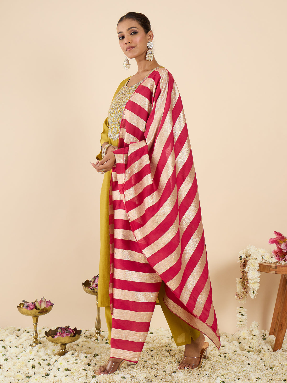 Yellow Embroidered Straight Kurta Trousers With Dupatta set-KH9YL12336