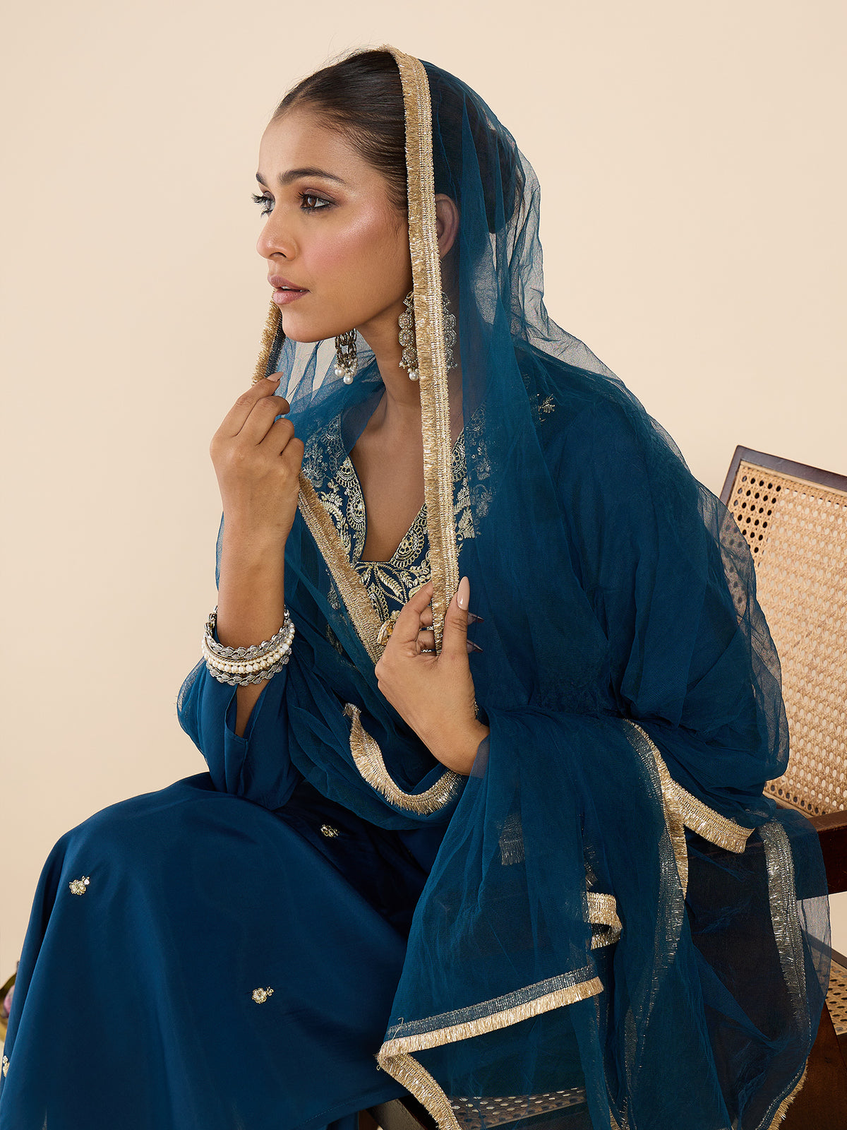 Teal Embroidered Straight Kurta Trousers With Dupatta set-KH9TL12334