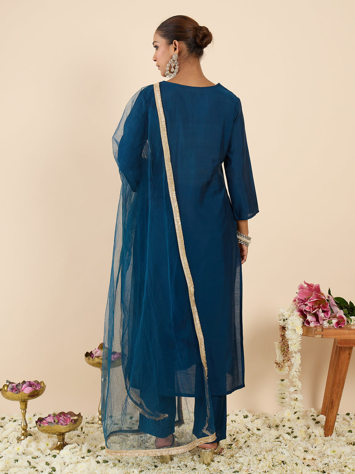 Teal Embroidered Straight Kurta Trousers With Dupatta set-KH9TL12334