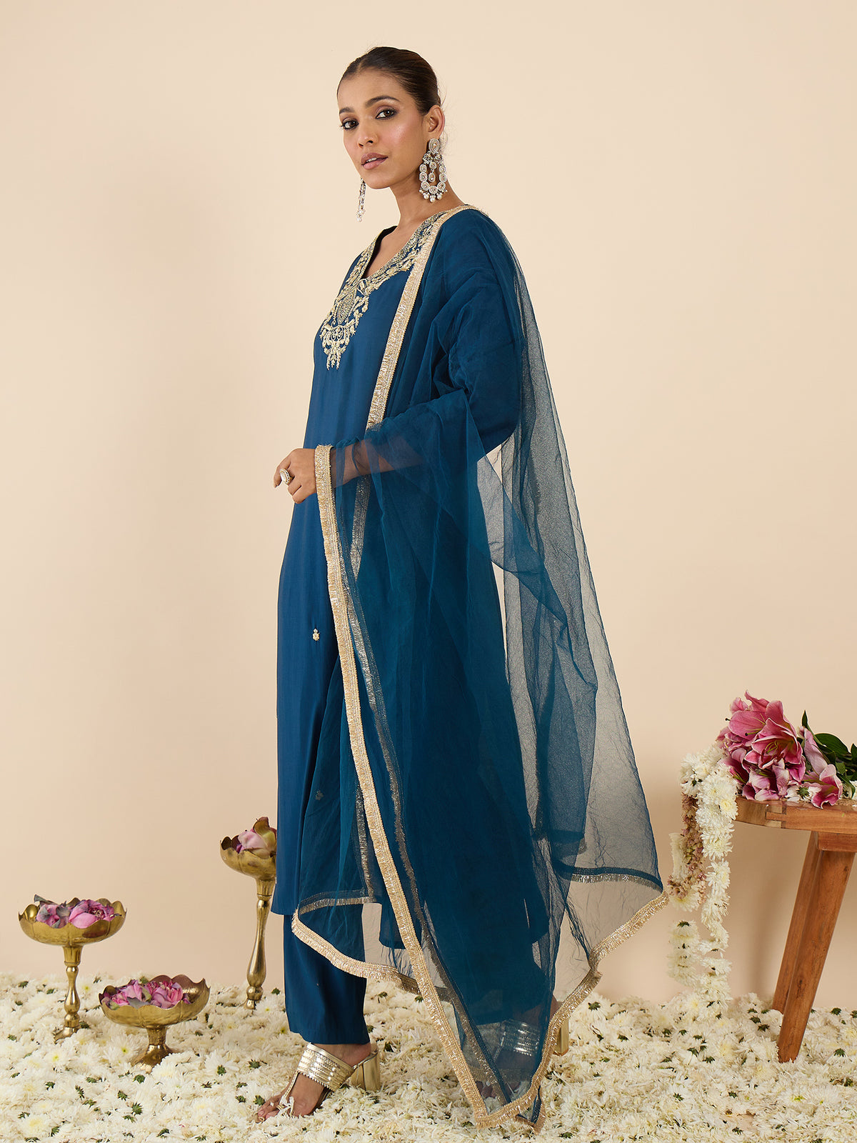 Teal Embroidered Straight Kurta Trousers With Dupatta set-KH9TL12334