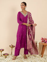 Purple Embroidered Straight Kurta Trousers With Dupatta set
