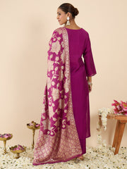 Purple Embroidered Straight Kurta Trousers With Dupatta set