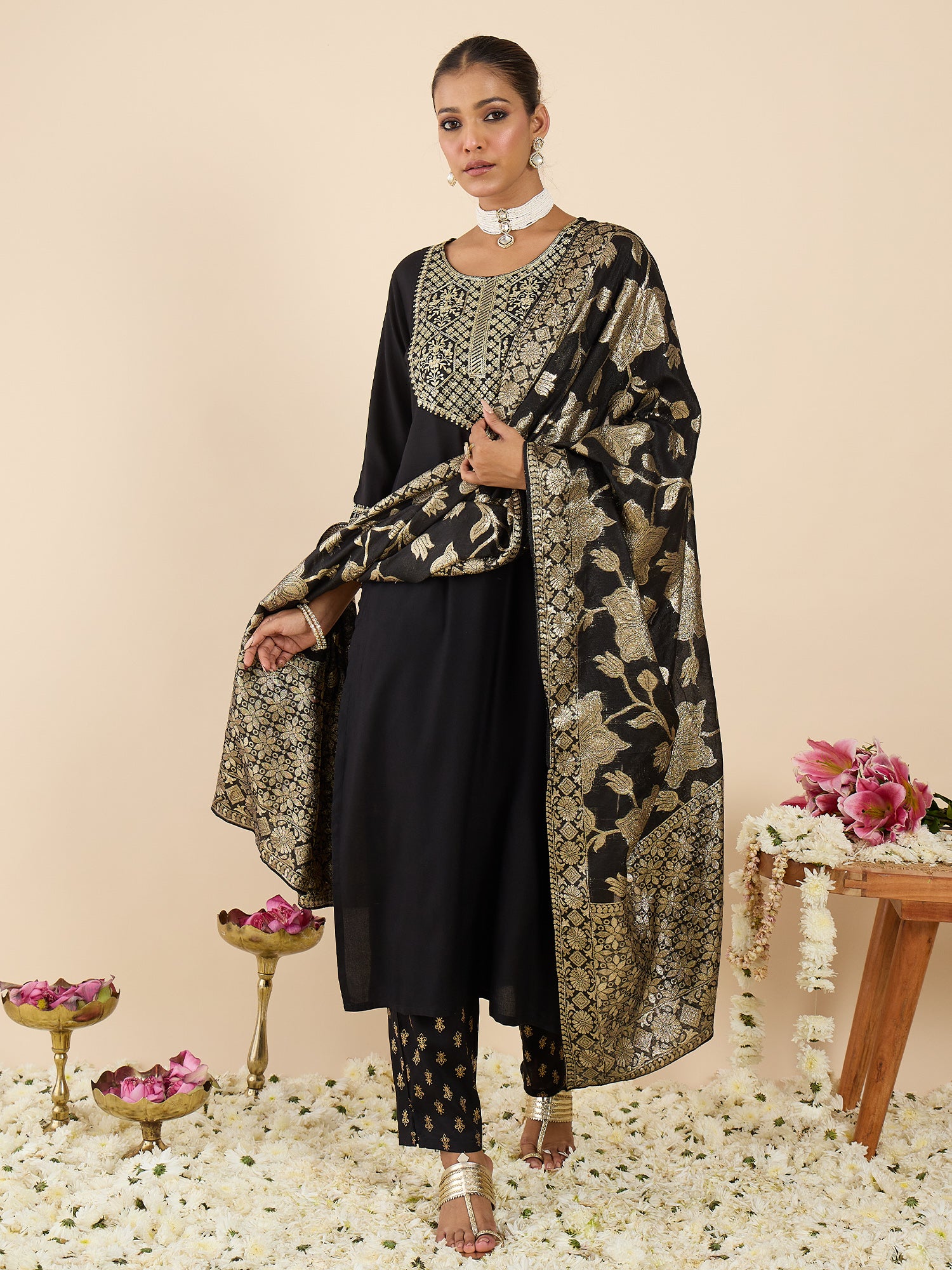 Black Embroidered Straight Kurta Trousers With Dupatta Set