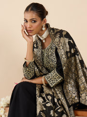 Black Embroidered Straight Kurta Trousers With Dupatta Set