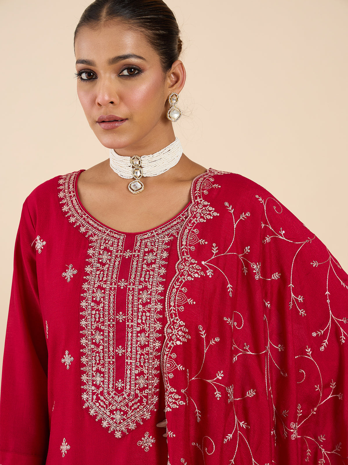 Pink Embroidered Straight Kurta Trousers With Dupatta set