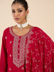 Pink Embroidered Straight Kurta Trousers With Dupatta set