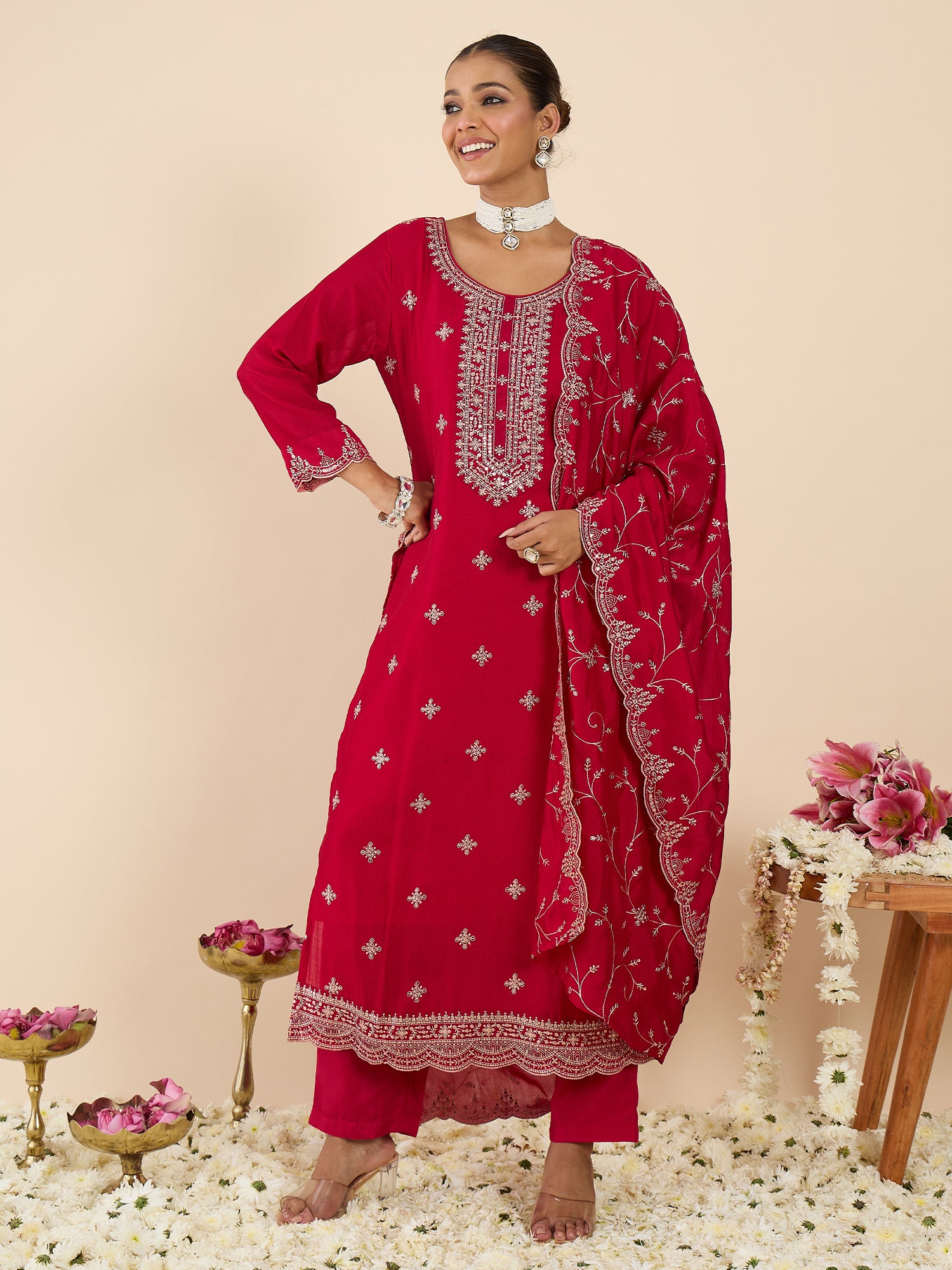 Pink Embroidered Straight Kurta Trousers With Dupatta set