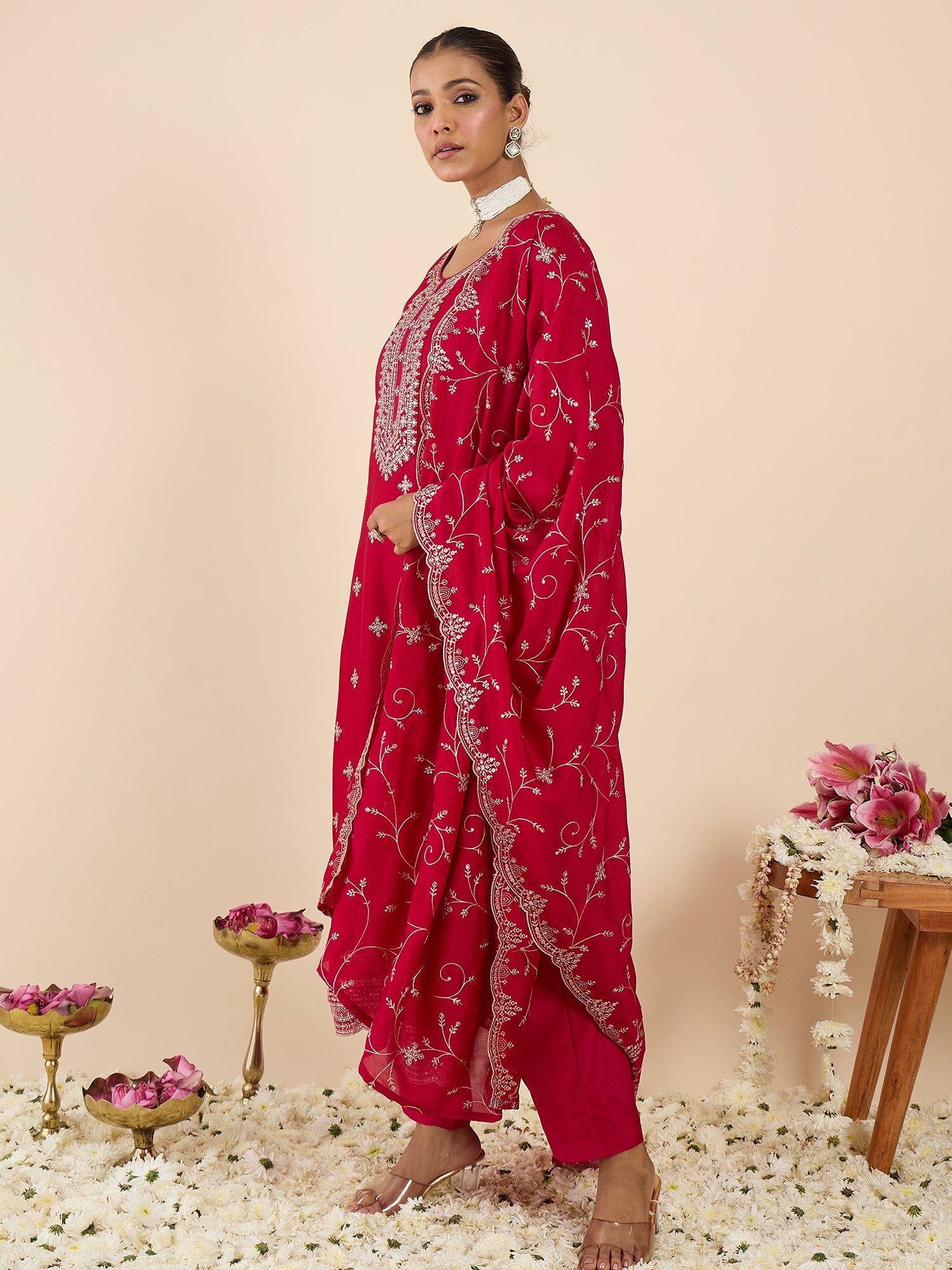 Pink Embroidered Straight Kurta Trousers With Dupatta set