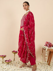 Pink Embroidered Straight Kurta Trousers With Dupatta set