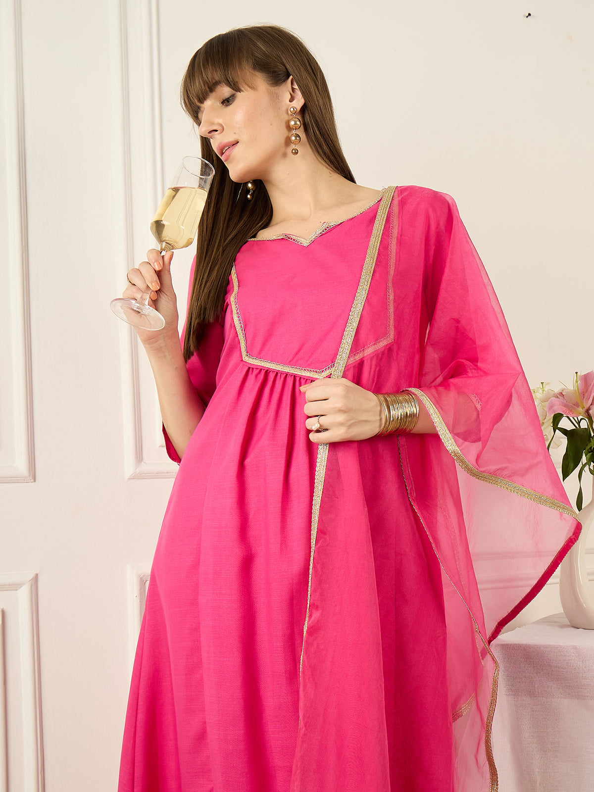 Pink Self Design A-Line Kurta TrousersWith Dupatta set-KH9RP11643