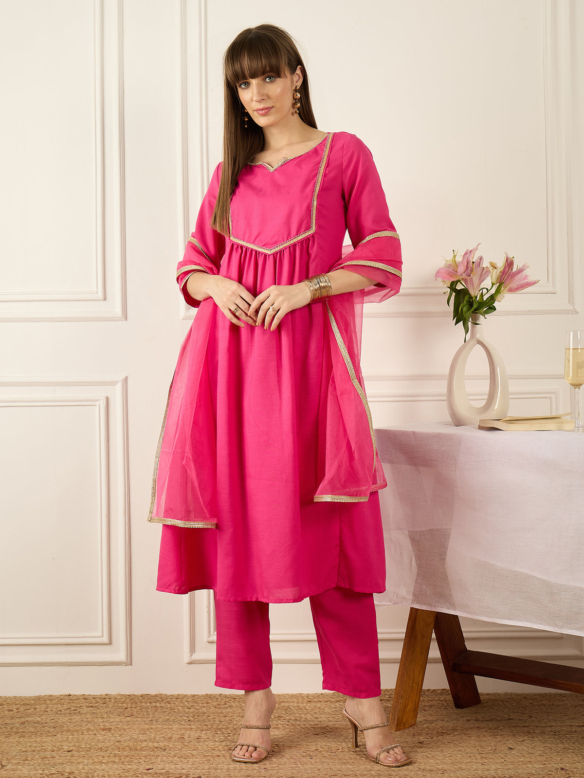 Pink Self Design A-Line Kurta TrousersWith Dupatta set-KH9RP11643