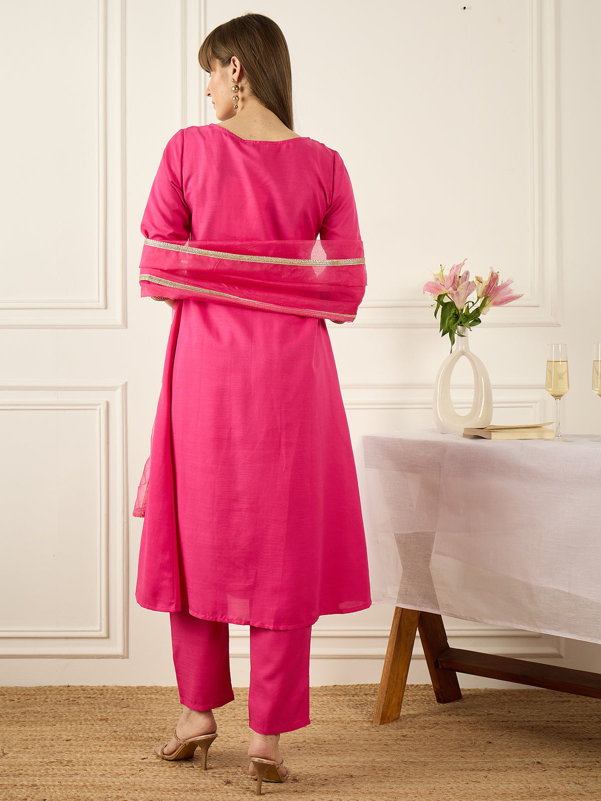 Pink Self Design A-Line Kurta TrousersWith Dupatta set-KH9RP11643