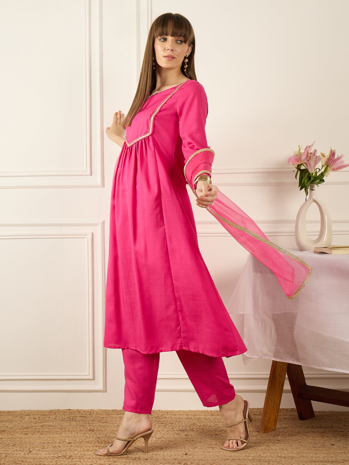 Pink Self Design A-Line Kurta TrousersWith Dupatta set-KH9RP11643