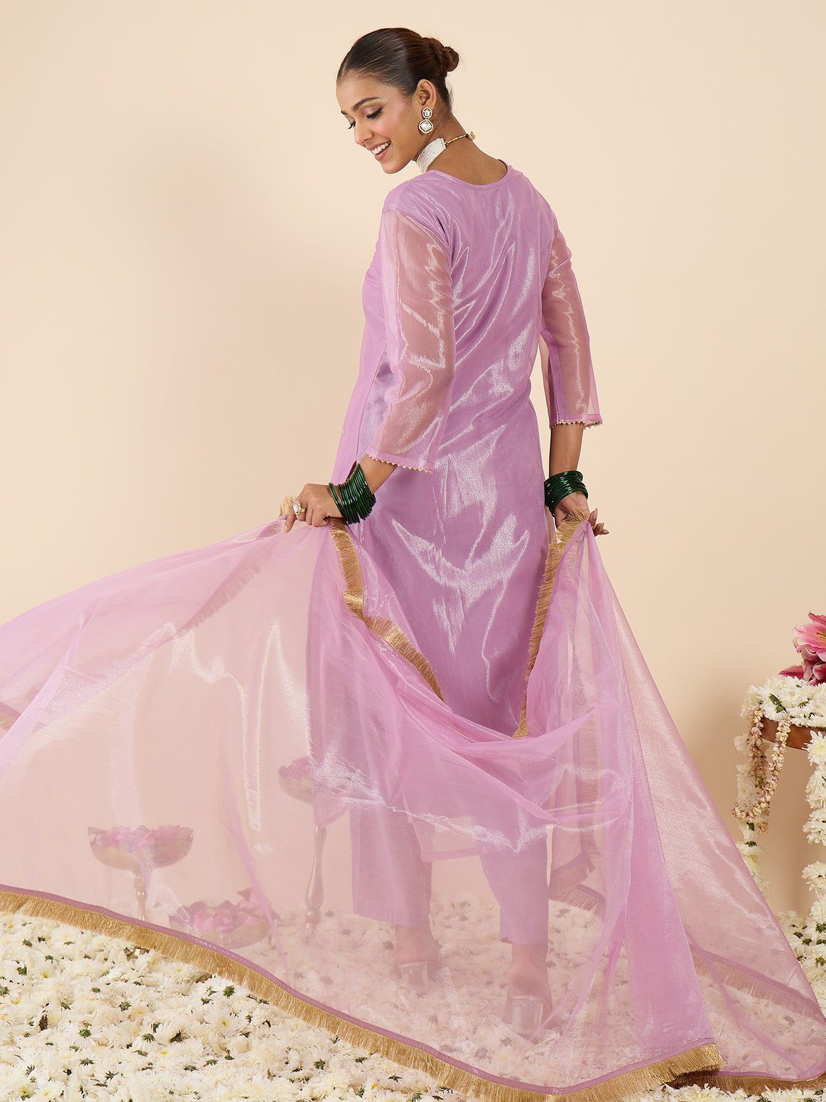 Lavender Embroidered Straight Kurta Trousers With Dupatta Set-KH9LV11614