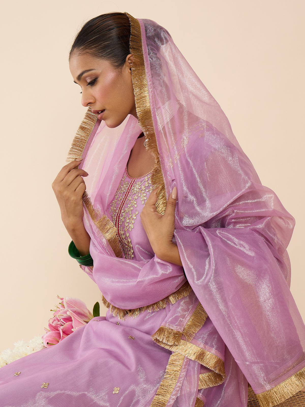 Lavender Embroidered Straight Kurta Trousers With Dupatta Set-KH9LV11614
