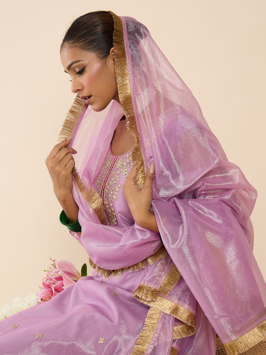 Lavender Embroidered Straight Kurta Trousers With Dupatta Set-KH9LV11614