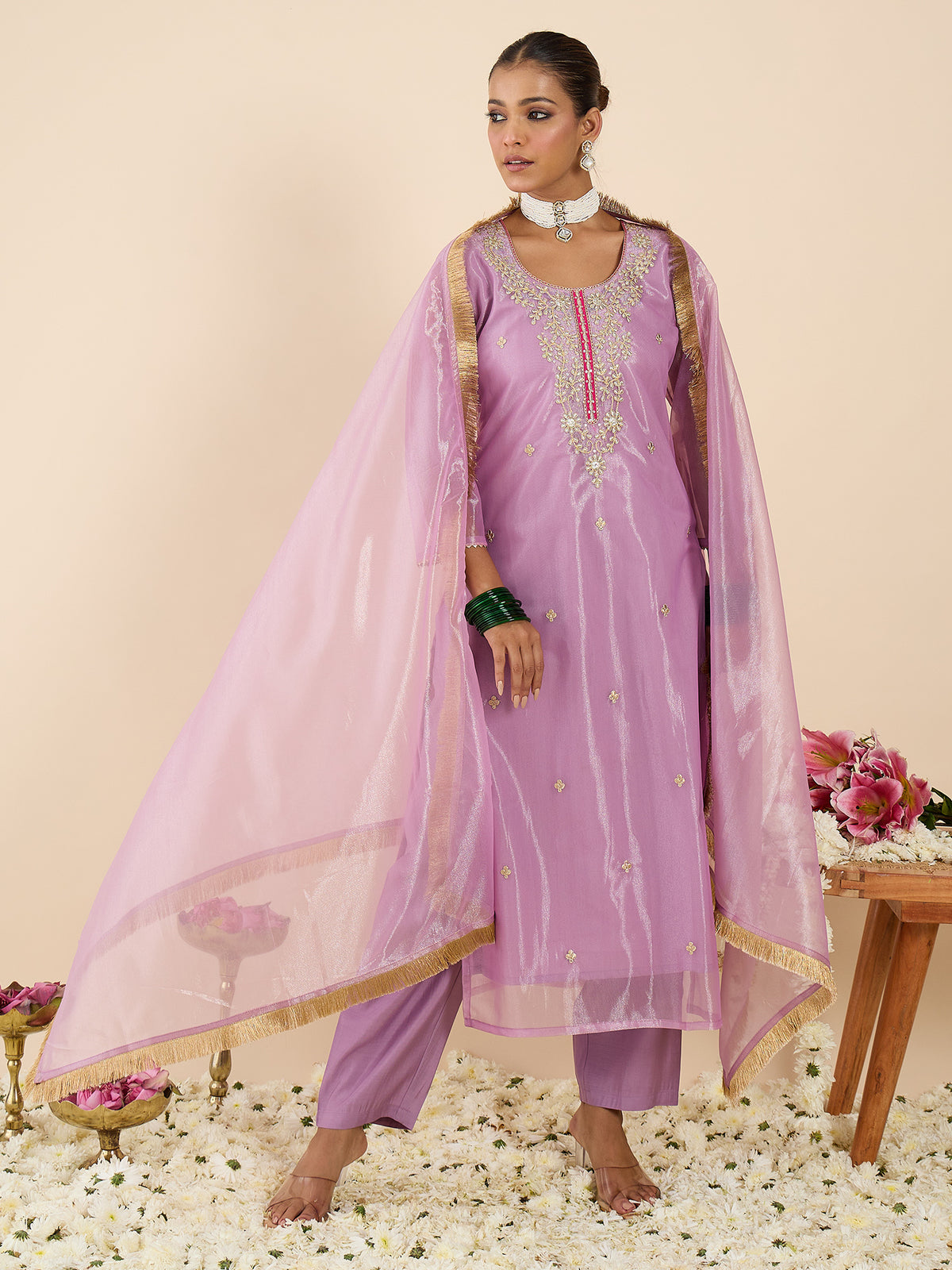 Lavender Embroidered Straight Kurta Trousers With Dupatta Set-KH9LV11614