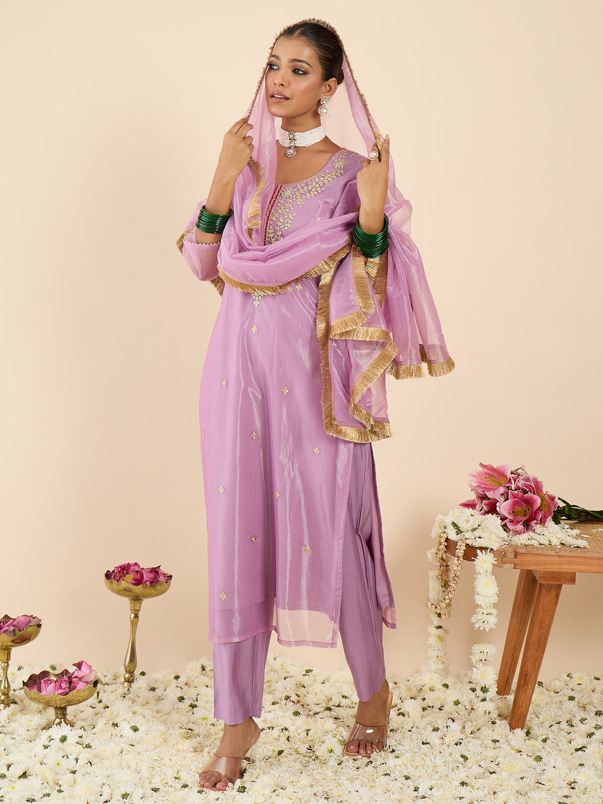 Lavender Embroidered Straight Kurta Trousers With Dupatta Set-KH9LV11614