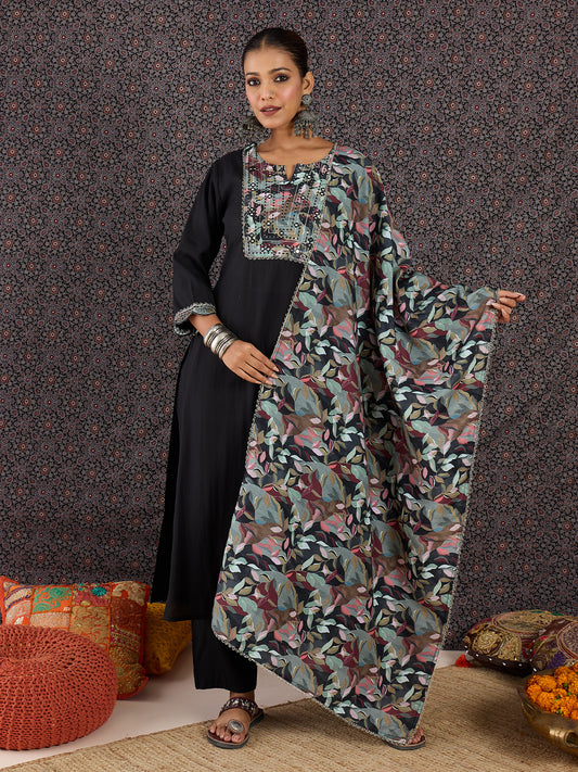 Black Printed Straight Kurta Trousers With Dupatta set