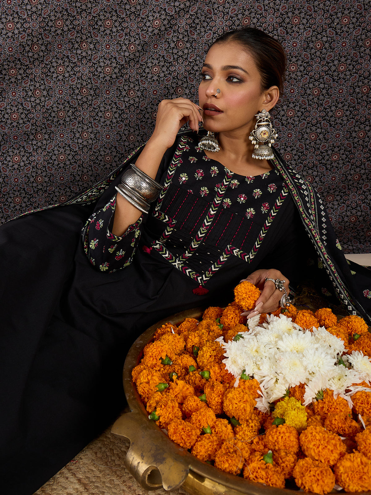 Black Printed A-Line Kurta Trousers With Dupatta set-KH0BK11008