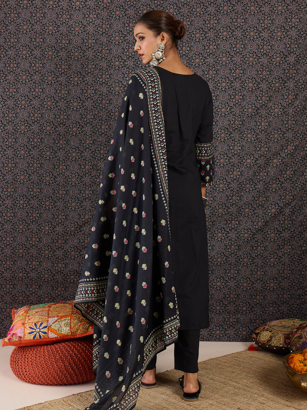 Black Printed A-Line Kurta Trousers With Dupatta set-KH0BK11008